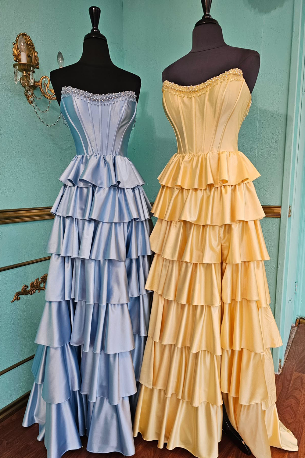Long Satin A-Line Corset Prom Dress in Yellow with Tiered Skirt and Slit