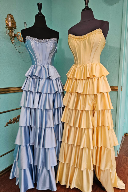 Long Satin A-Line Corset Prom Dress in Yellow with Tiered Skirt and Slit