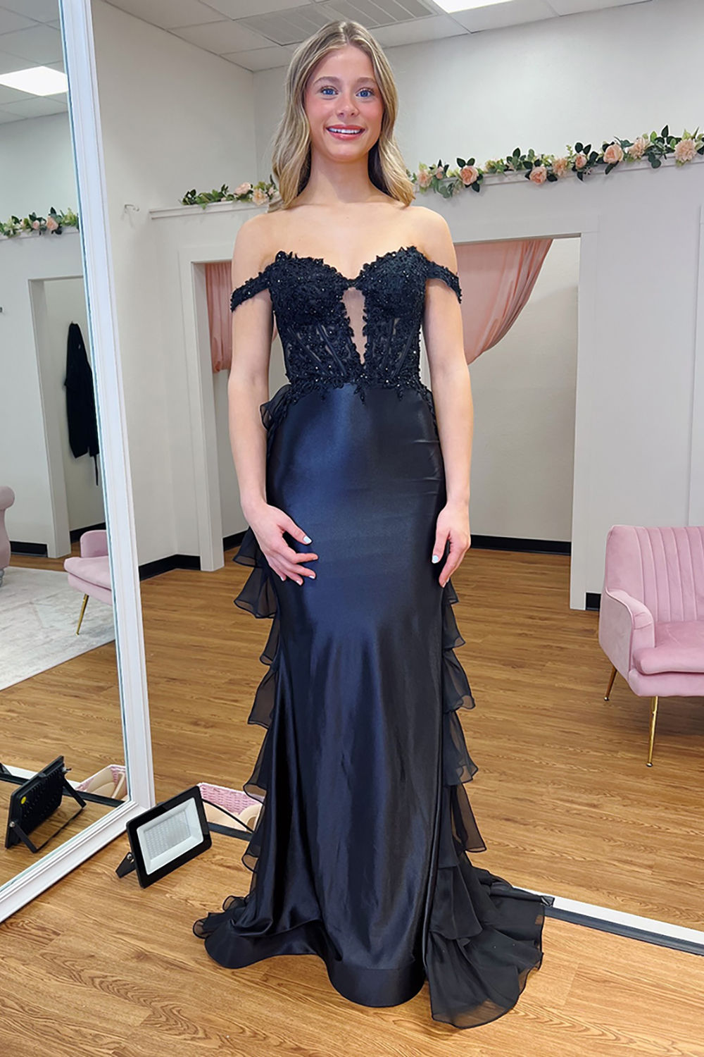 Long Satin Navy Corset Prom Dress with Appliques Off the Shoulder