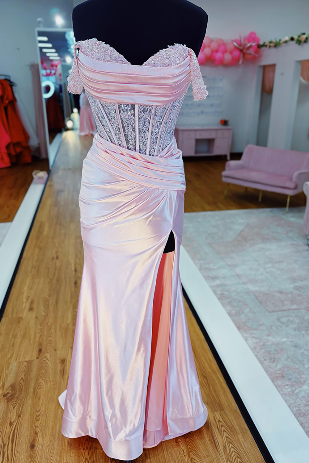Long Satin Prom Dress in Pink with Off-the-Shoulder Corset and Ruched Slit