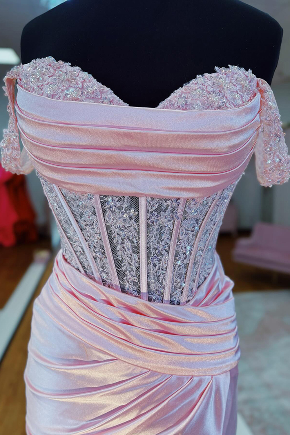 Long Satin Prom Dress in Pink with Off-the-Shoulder Corset and Ruched Slit