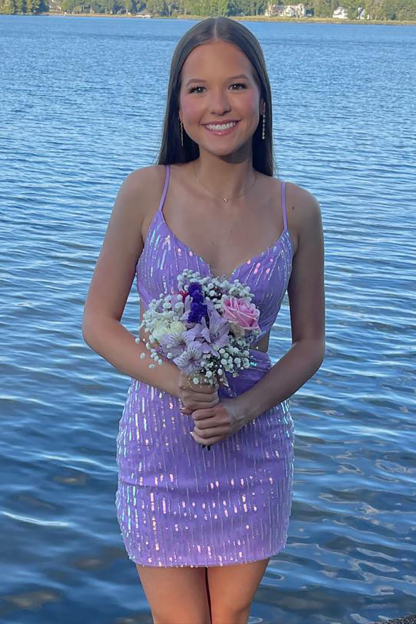 Short Spaghetti Straps Bodycon Homecoming Dress in Sparkly Purple