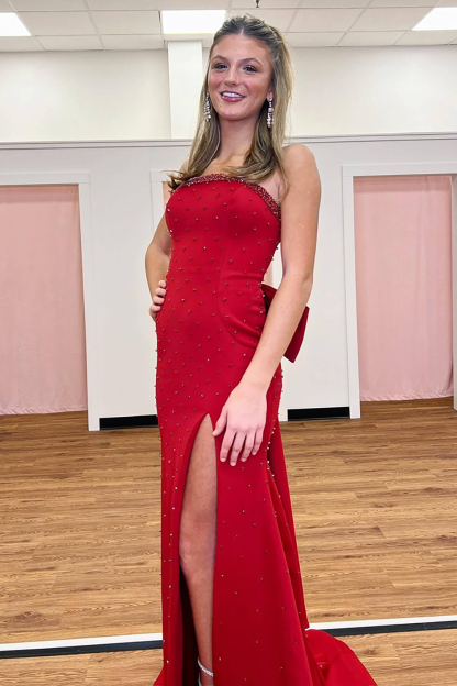 Long Red Prom Dress with Strapless Beaded Bowknot and Slit