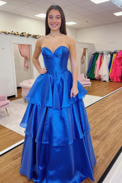 Strapless Long Satin Prom Dress in Royal Blue with A-Line Corset