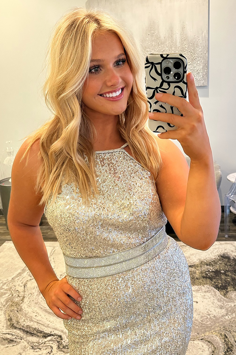 Long Prom Dress with Sparkly Silver Sequins in Sheath Style