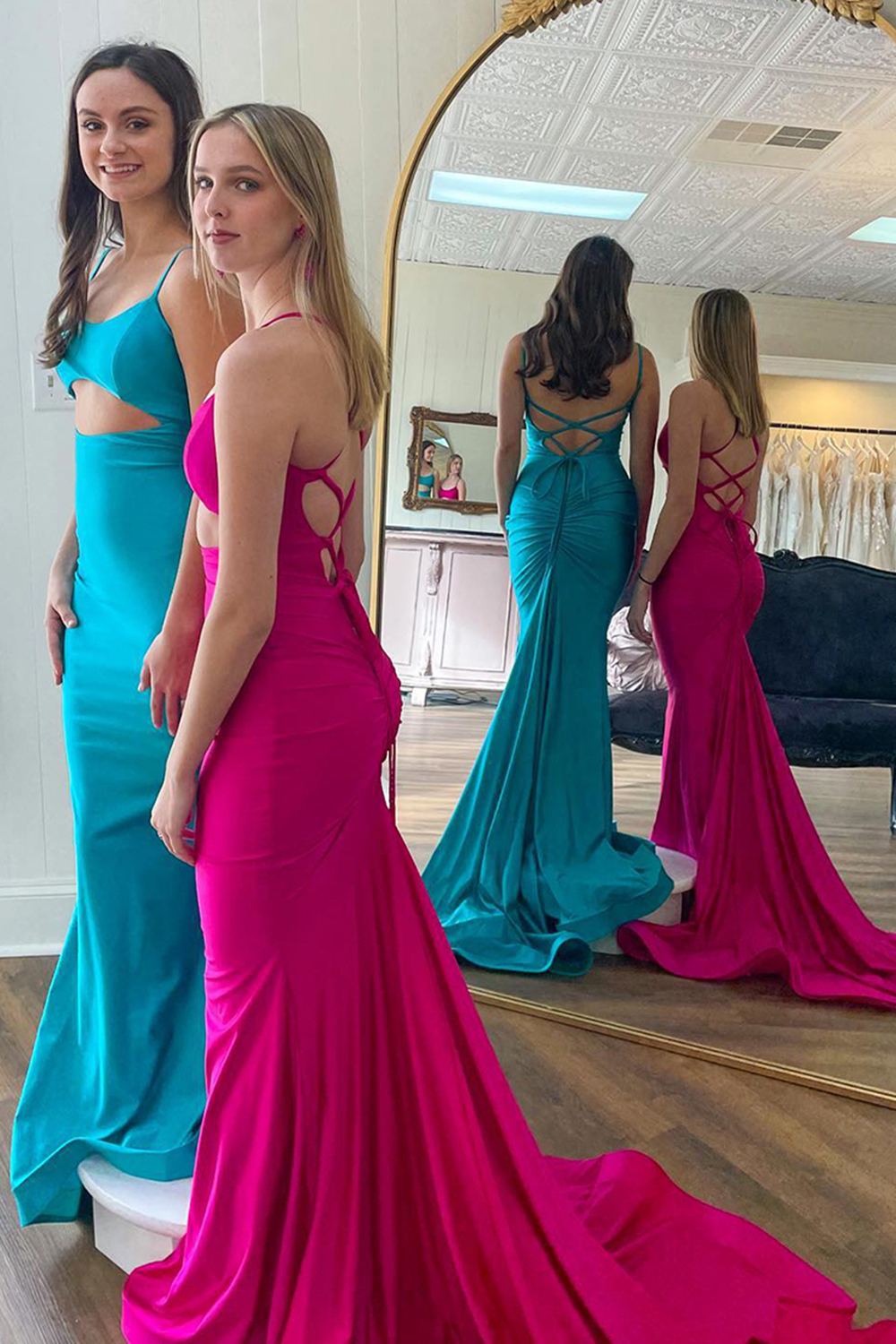 Long Satin Prom Dress in Light Blue with Sheath Cut-Out Design