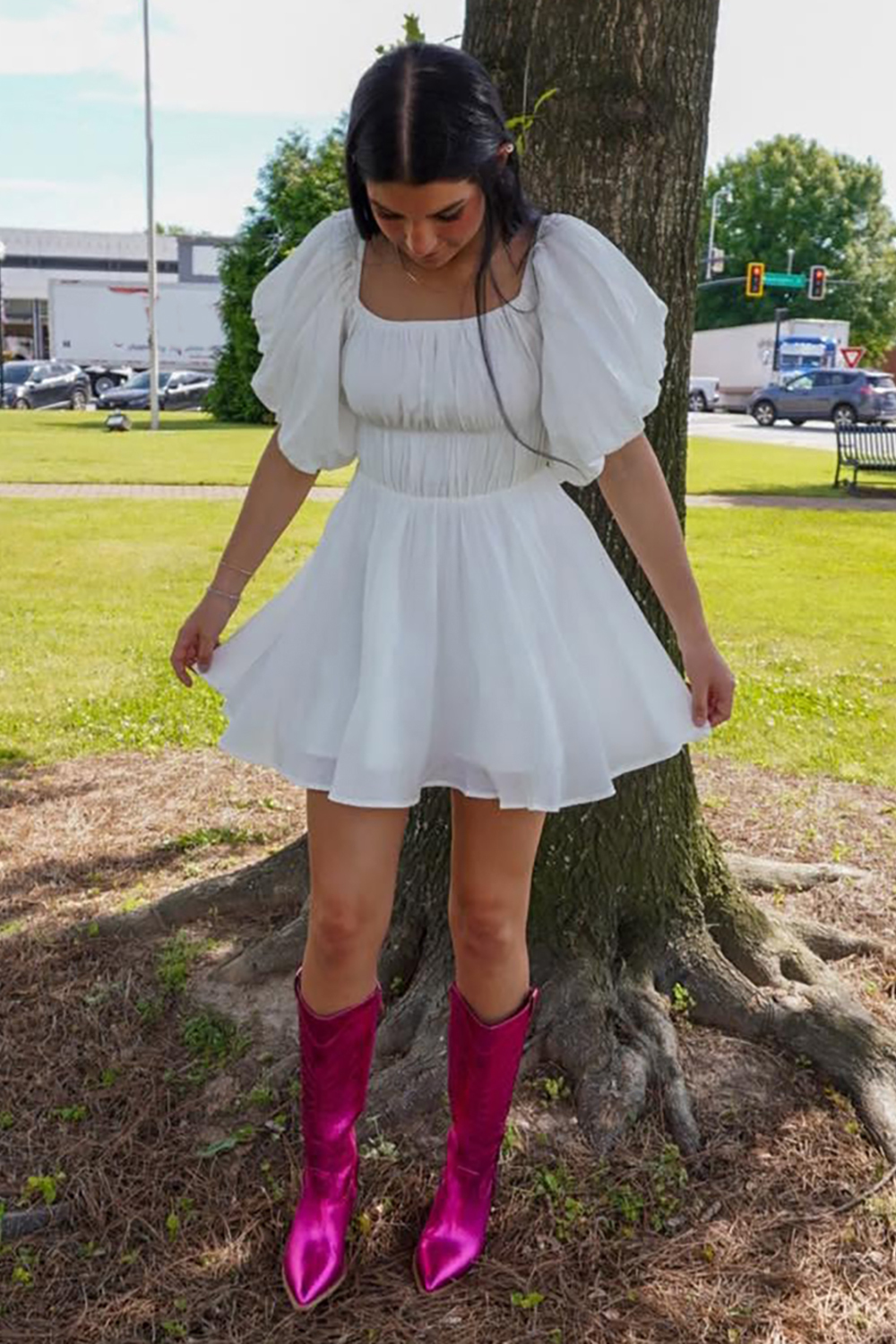 Short Chiffon Prom Dress with White Puff Sleeves and Ruched Detail