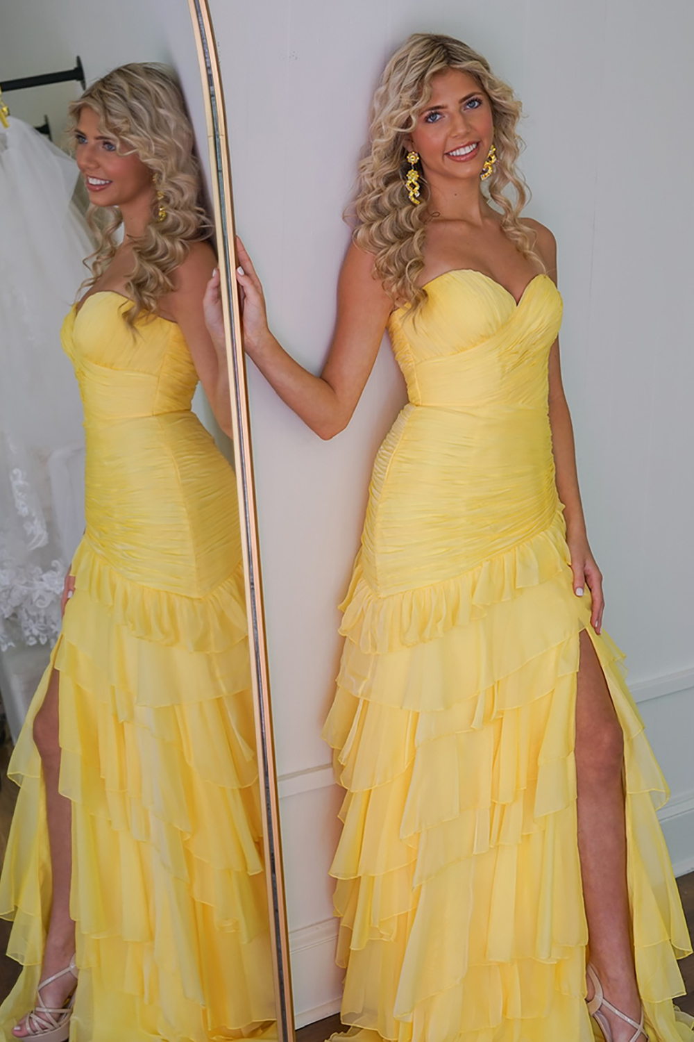 Sweetheart Long Prom Dress in Yellow Tiered Chiffon