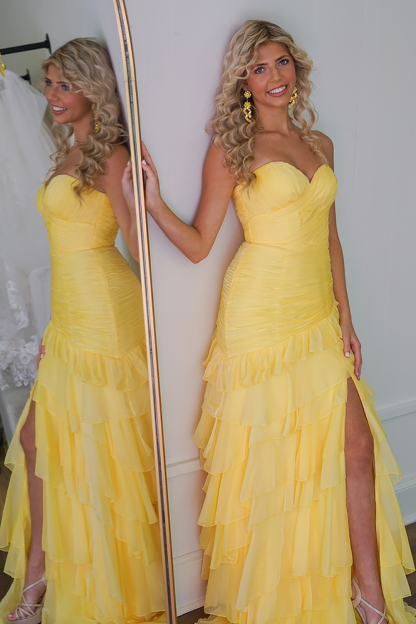 Sweetheart Long Prom Dress in Yellow Tiered Chiffon