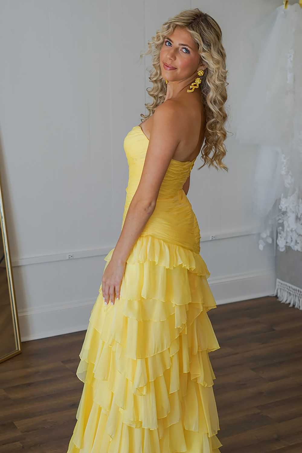 Sweetheart Long Prom Dress in Yellow Tiered Chiffon