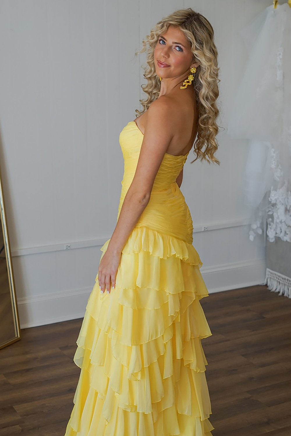 Sweetheart Long Prom Dress in Yellow Tiered Chiffon