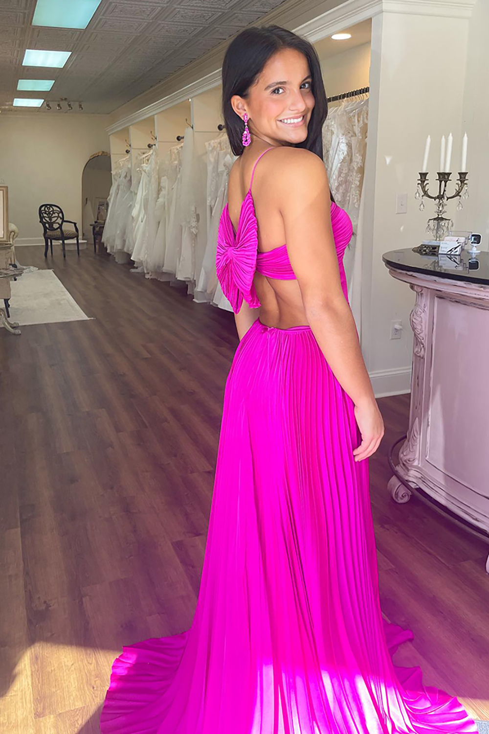 Long A-Line Prom Dress with Fuchsia Pleated Satin and Spaghetti Straps