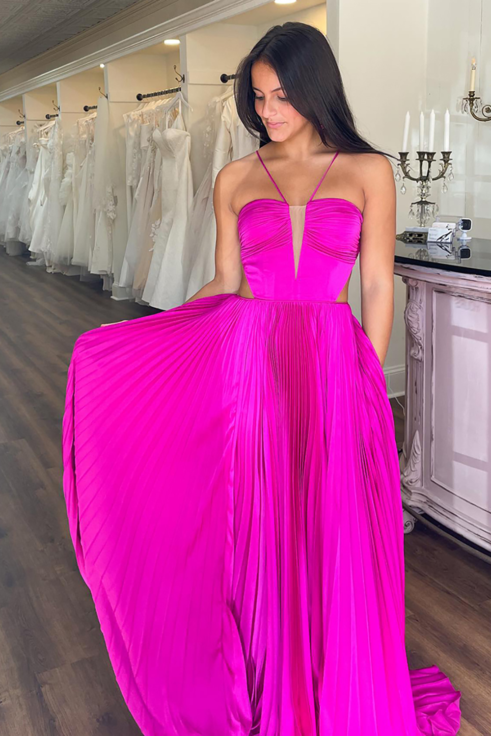 Long A-Line Prom Dress with Fuchsia Pleated Satin and Spaghetti Straps