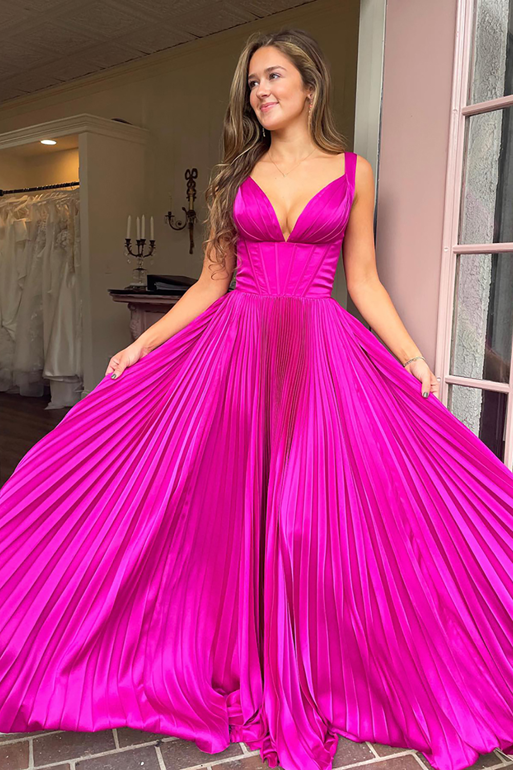 Long A Line Prom Dress in Pleated Fuchsia Satin with Corset