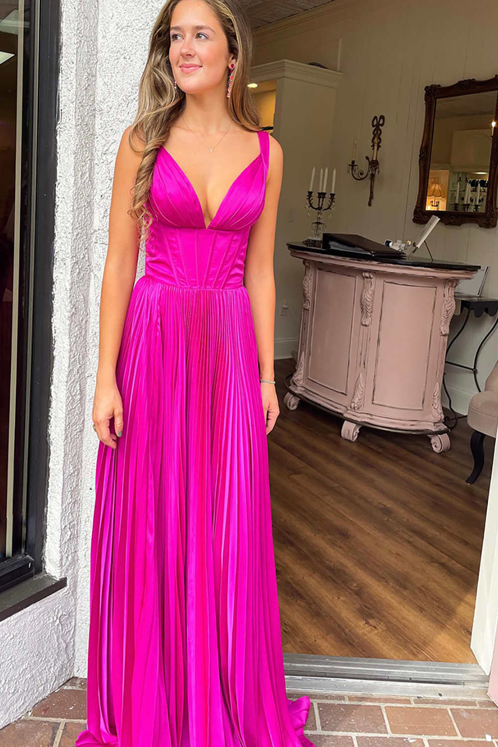 Long A Line Prom Dress in Pleated Fuchsia Satin with Corset