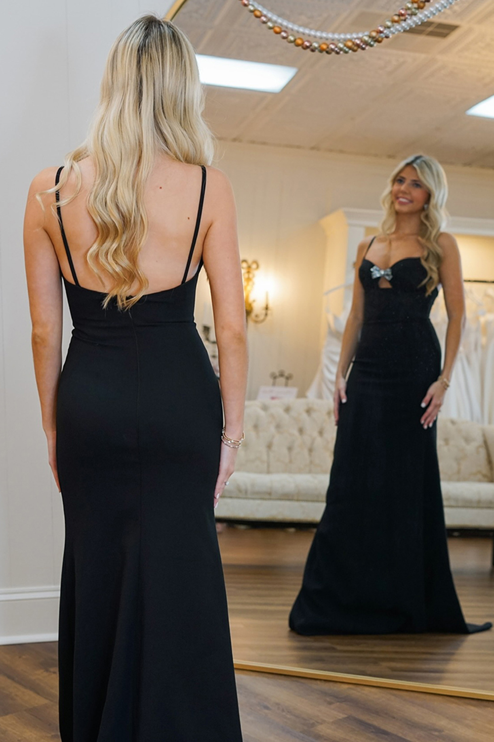 Long Black Prom Dress with Keyhole and Spaghetti Strap Sheath