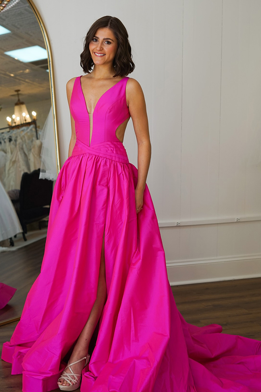 Long Fuchsia Prom Dress in A-Line Cut with Satin Slit and Cut-Out Details