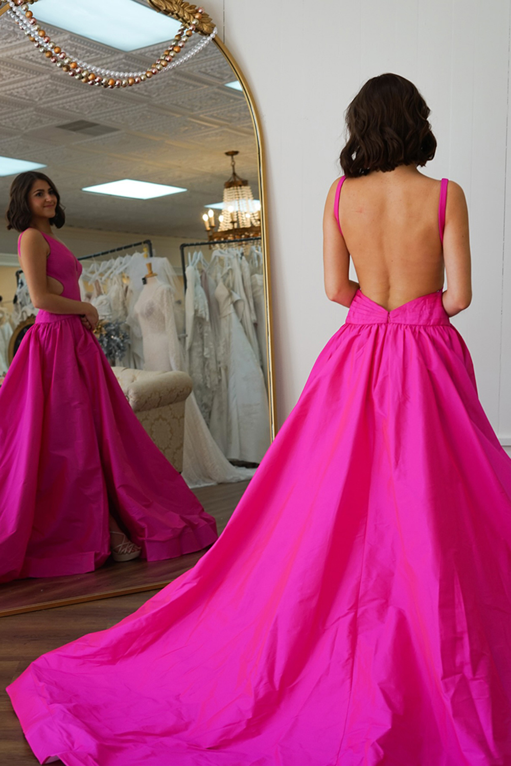 Long Fuchsia Prom Dress in A-Line Cut with Satin Slit and Cut-Out Details