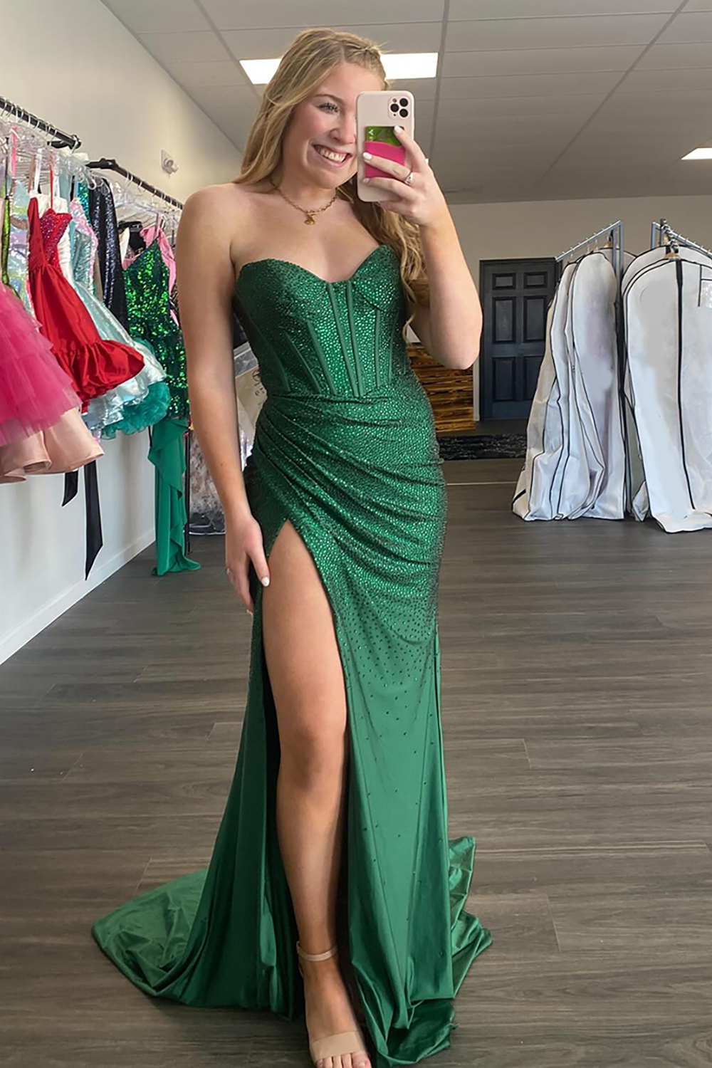 Long Prom Dress with Dark Green Sparkly Sequins and Slit in Sheath Corset Style