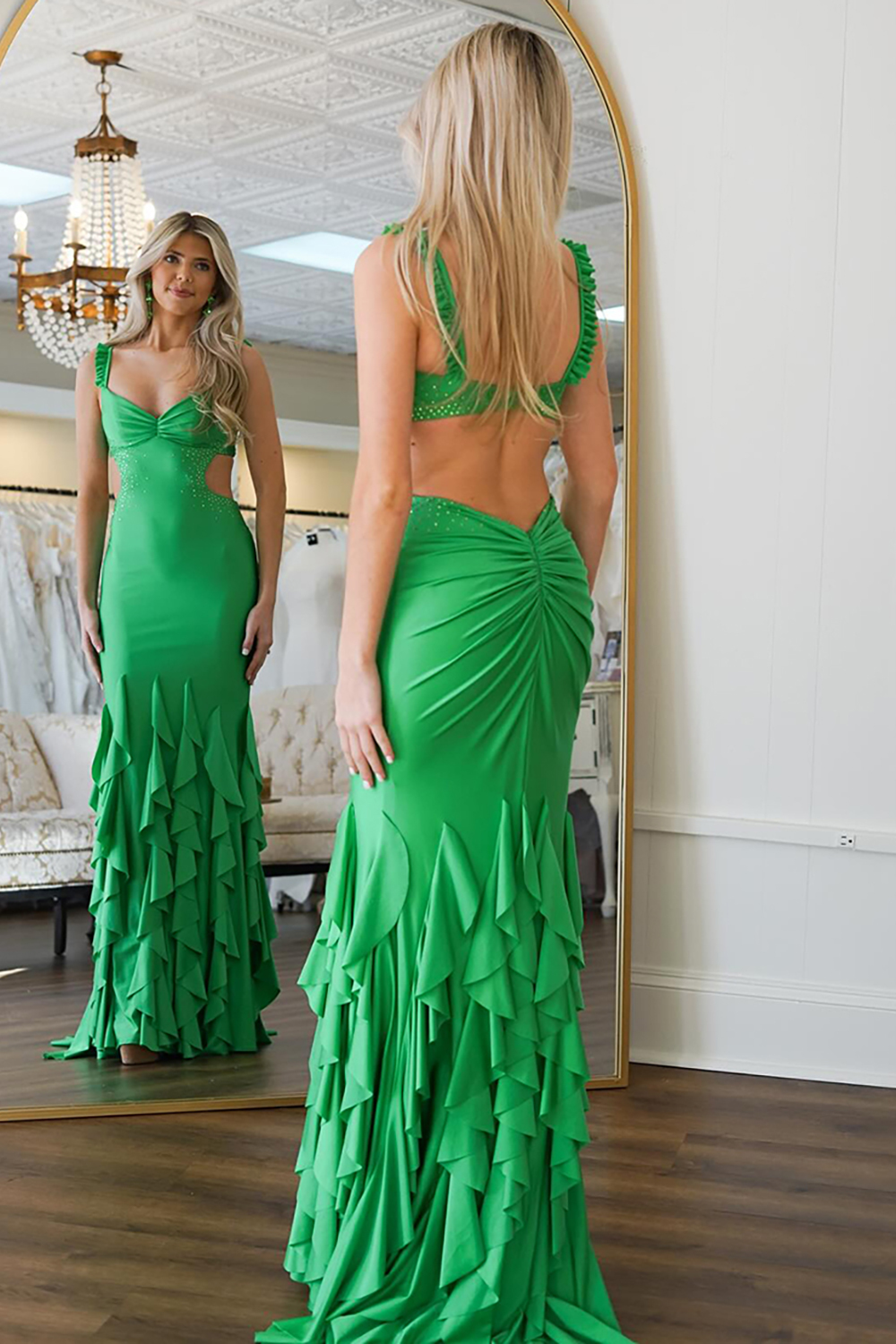 Long Prom Dress in Green Satin with Ruffles and Cut-Out Details