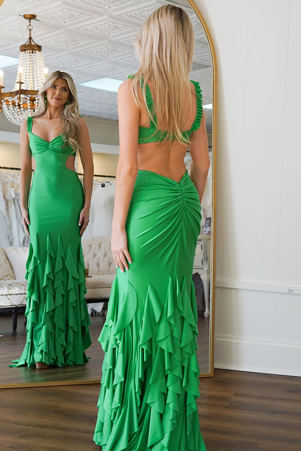 Long Prom Dress in Green Satin with Ruffles and Cut-Out Details