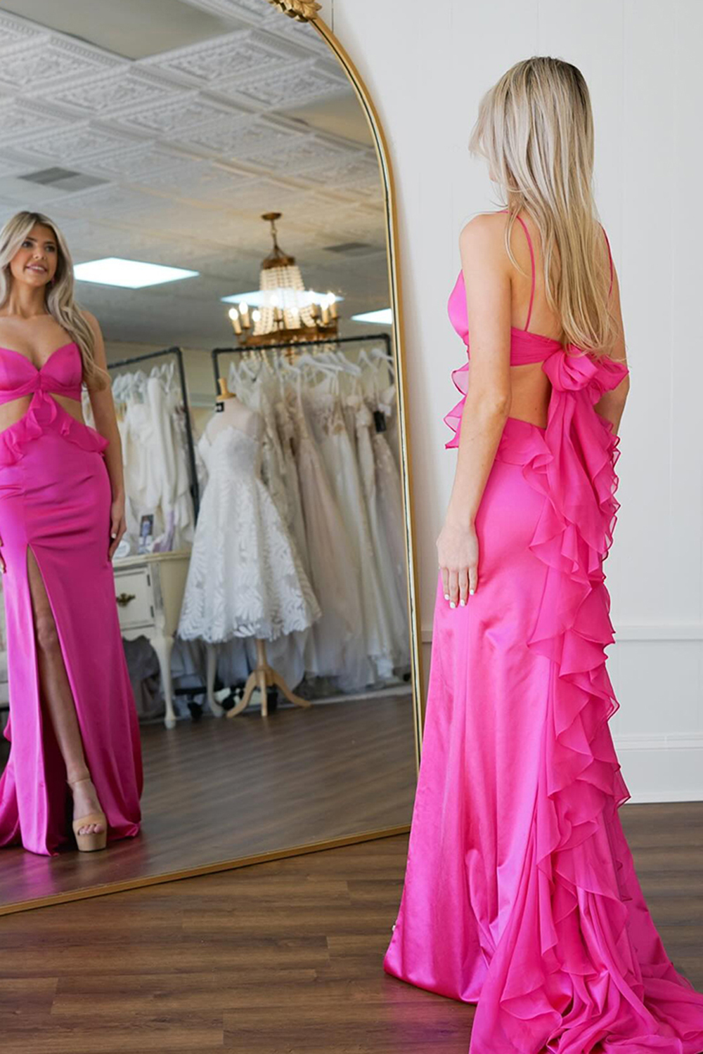 Long Fuchsia Prom Dress in Satin with Ruffled Sheath and Slit