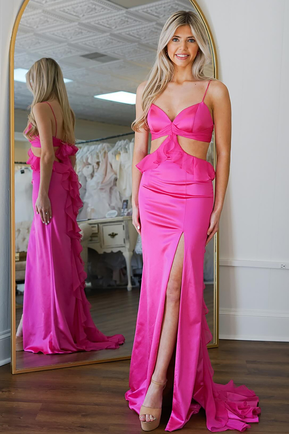 Long Fuchsia Prom Dress in Satin with Ruffled Sheath and Slit