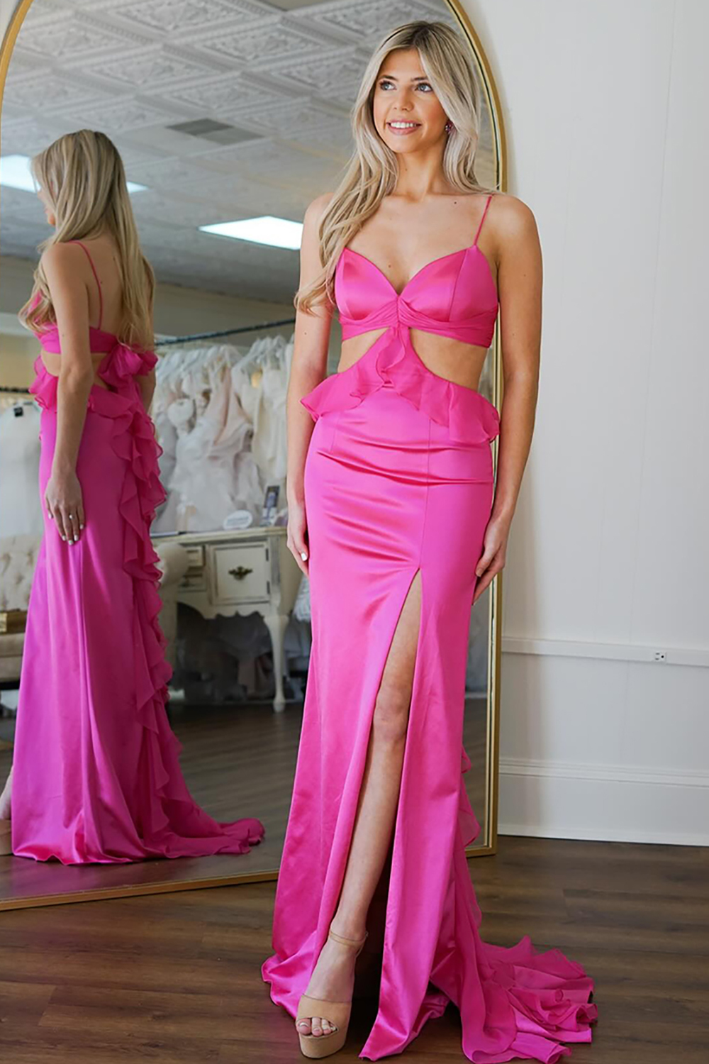 Long Fuchsia Prom Dress in Satin with Ruffled Sheath and Slit