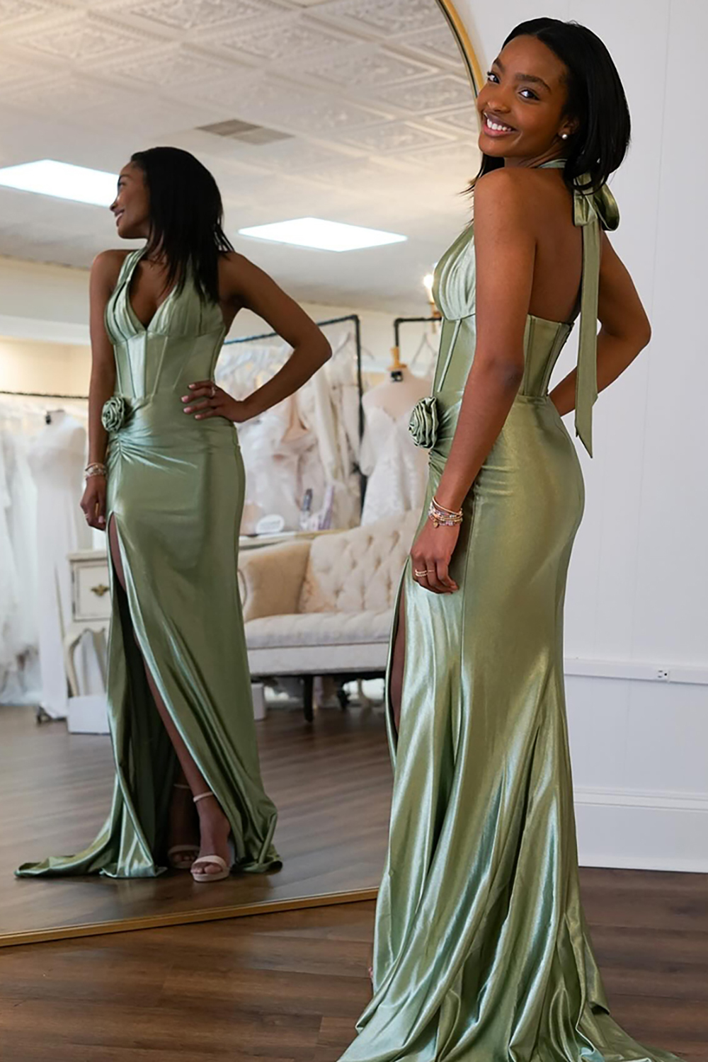 Long Sage Satin Prom Corset Dress with Sheath Silhouette and Slit