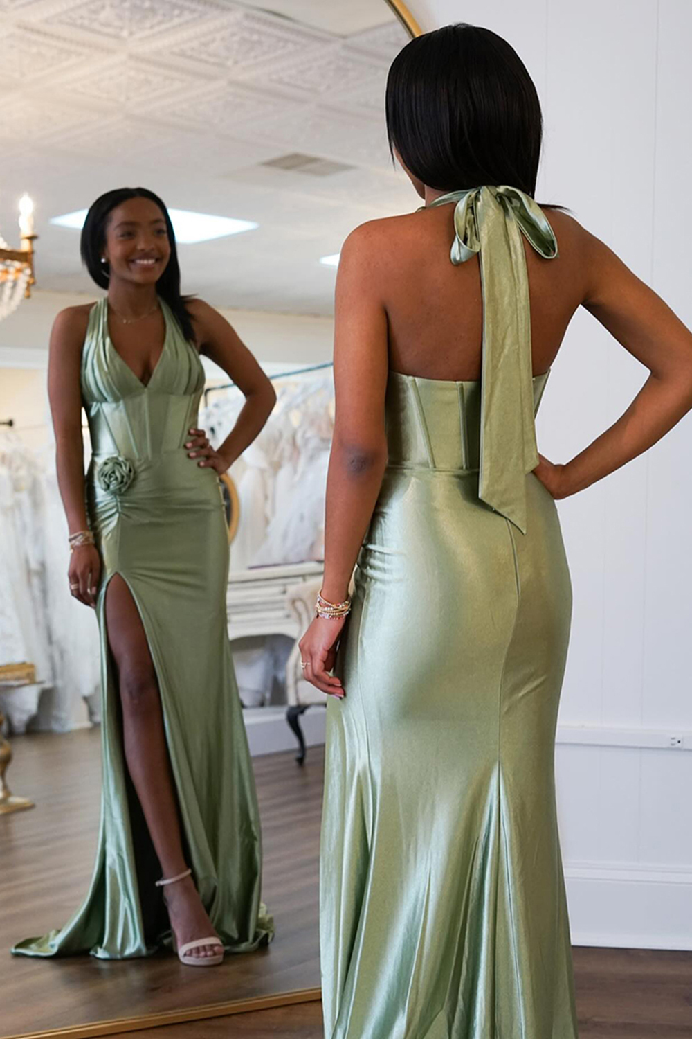 Long Sage Satin Prom Corset Dress with Sheath Silhouette and Slit