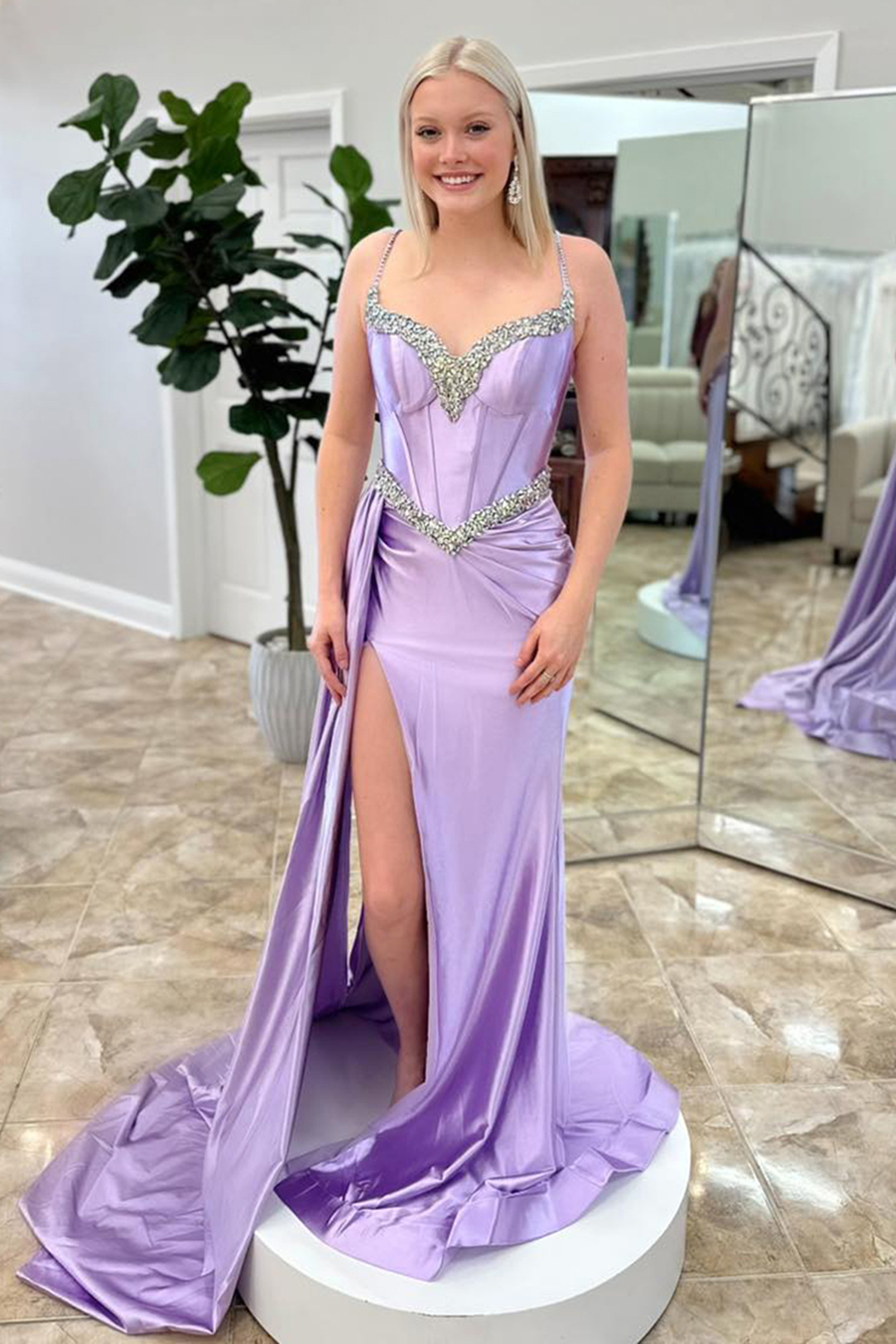 Long Beaded Lilac Prom Dress in Satin with Sheath Silhouette and Slit