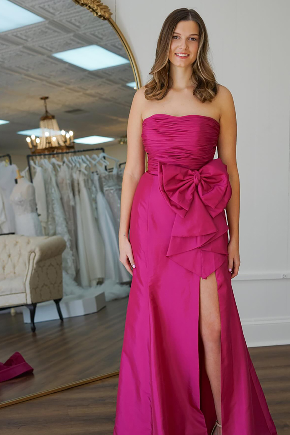 Long Fuchsia Prom Dress with Ruched Sheath and Bow