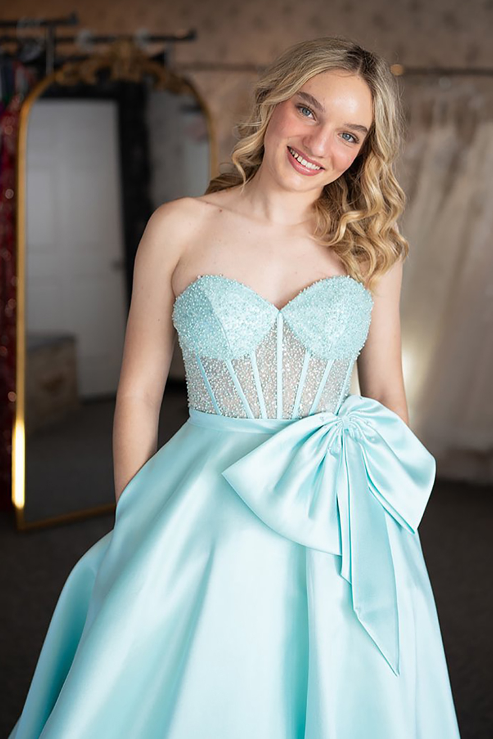 Long A-Line Prom Dress in Light Green Satin with Corset and Bow
