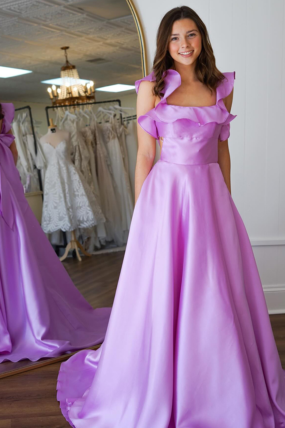 Long Satin Prom Dress with Lavender Ruffles and Square Neckline