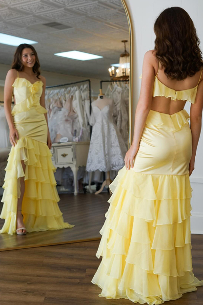 Long Prom Dress in Yellow Satin with Tiered Ruffles and Flower Accent