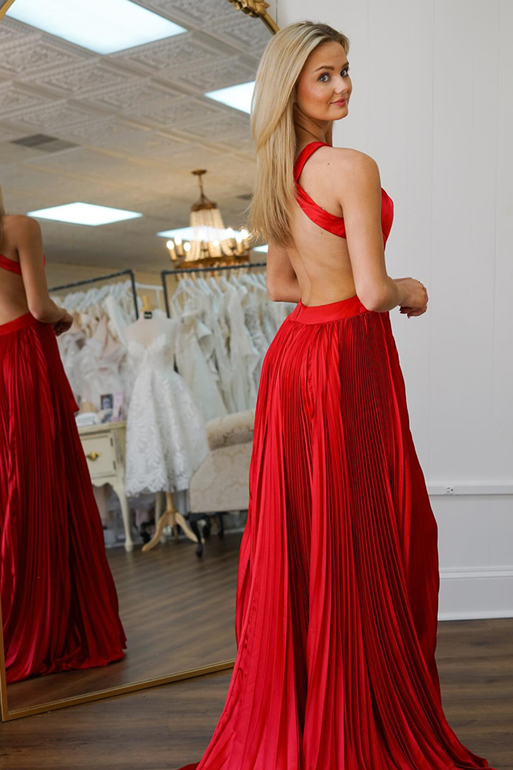 Long Red Satin Prom Dress with Keyhole Cut-Out Pleats and Slit