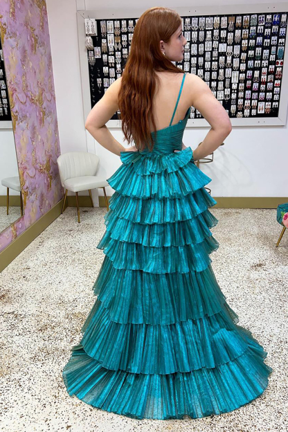 Tiered High Low Prom Dress in Peacock Green Satin with A Line Design