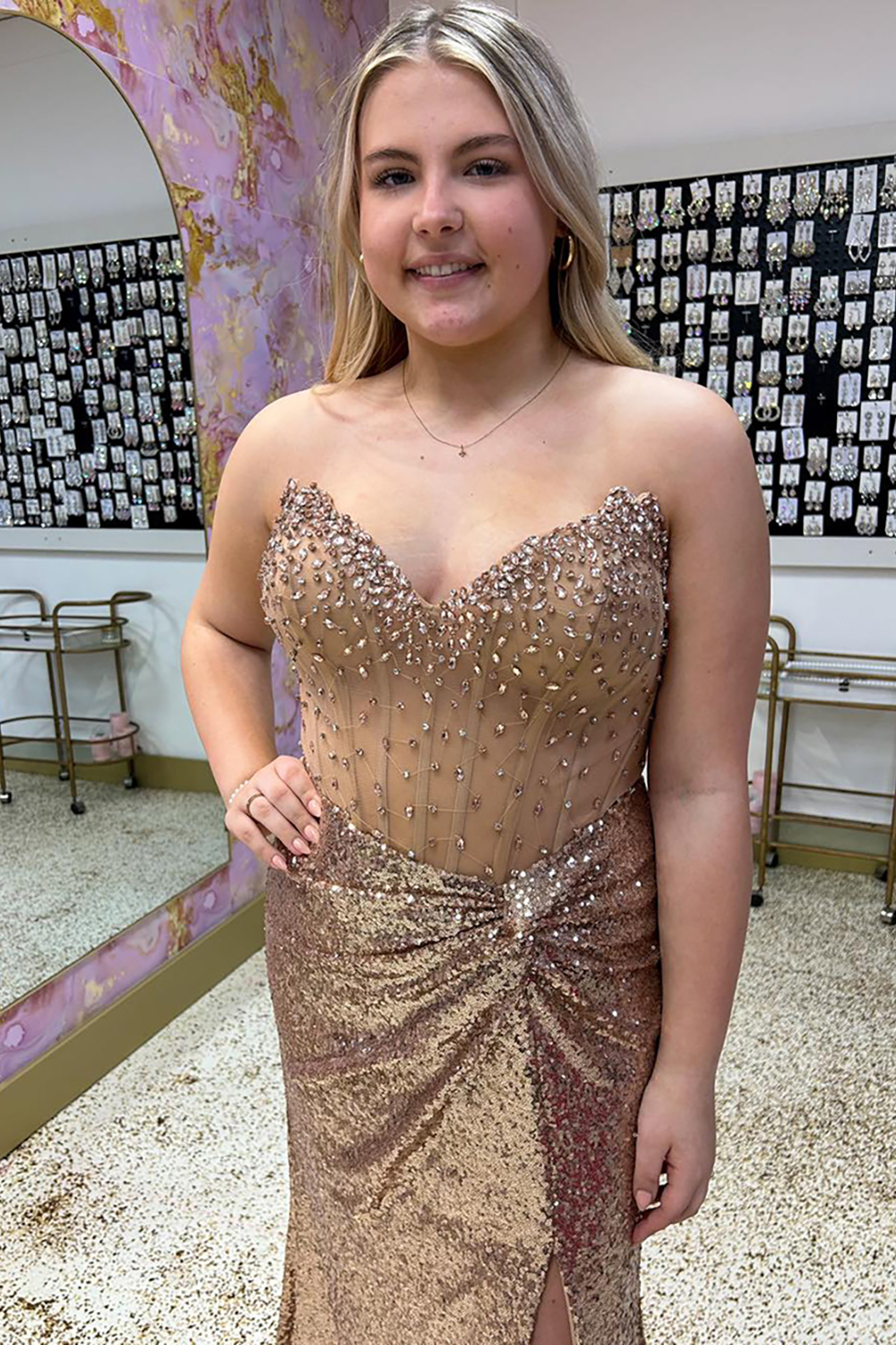 Plus Size Long Prom Dress in Metallic Gold with Corset Sheath and Slit