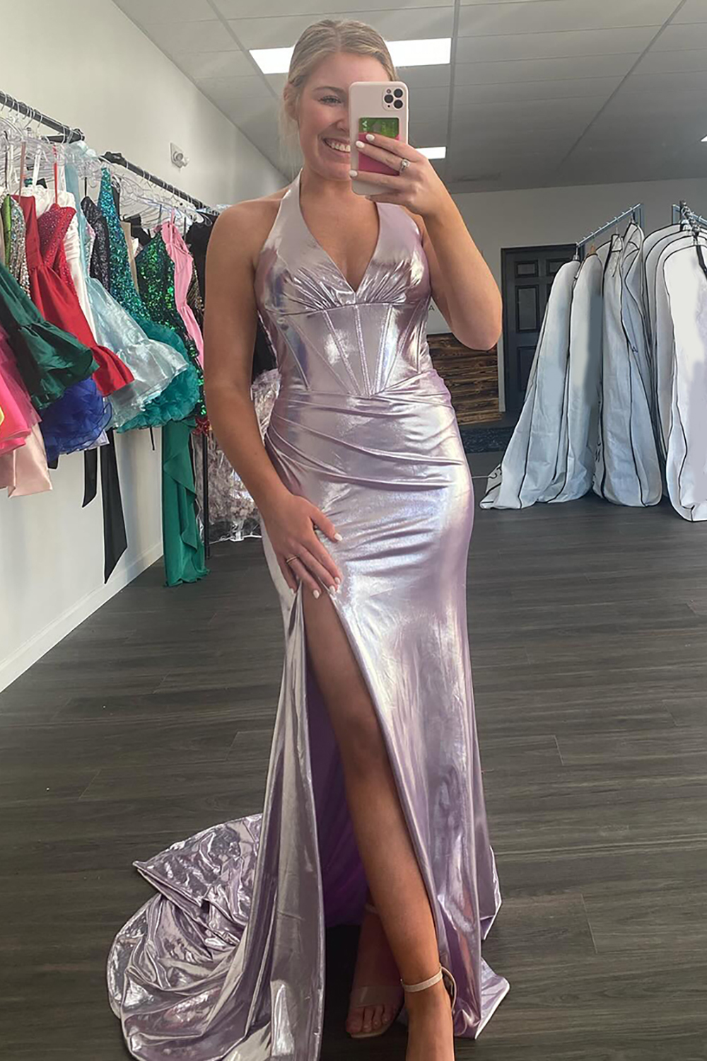 Long V-Neck Satin Prom Dress in Light Pink with Corset and Slit