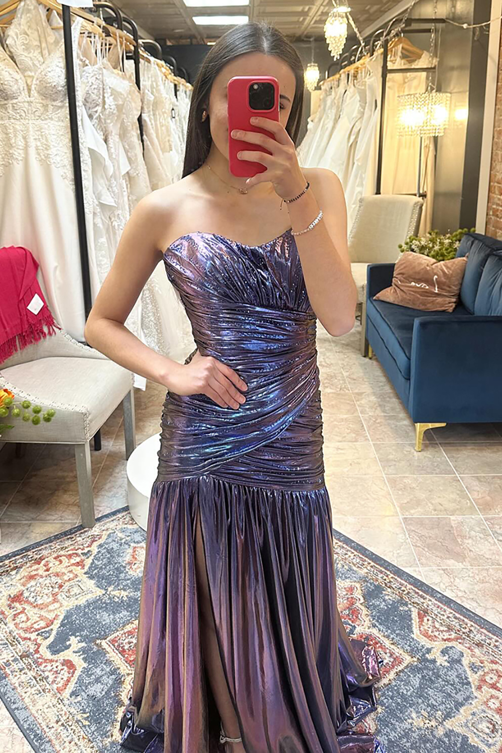 Long Pleated Prom Dress in Purple Satin with Ruched Sheath Design