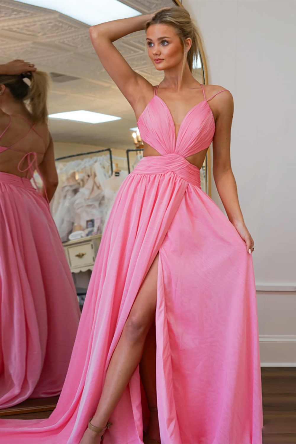 Long A-Line Prom Dress in Pink Satin with Cut-Out and Slit