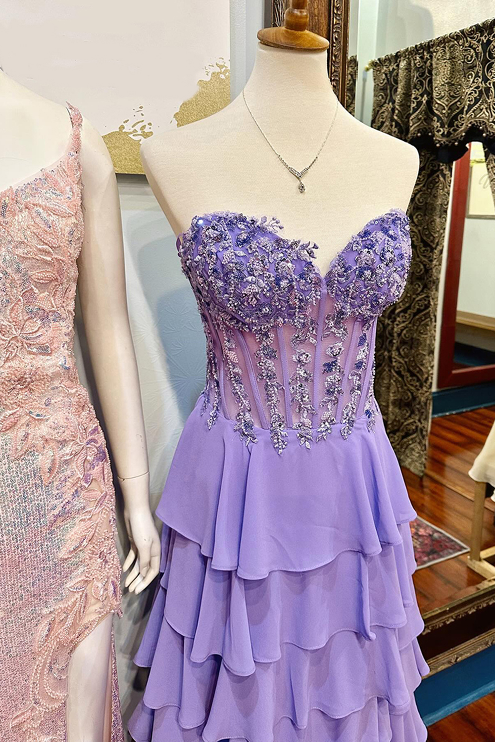 Long Beaded Lilac Chiffon Corset Prom Dress with A Line Slit