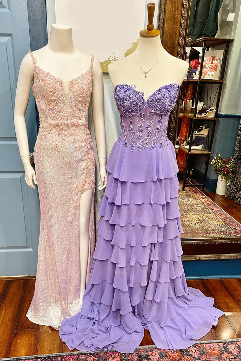 Long Beaded Lilac Chiffon Corset Prom Dress with A Line Slit