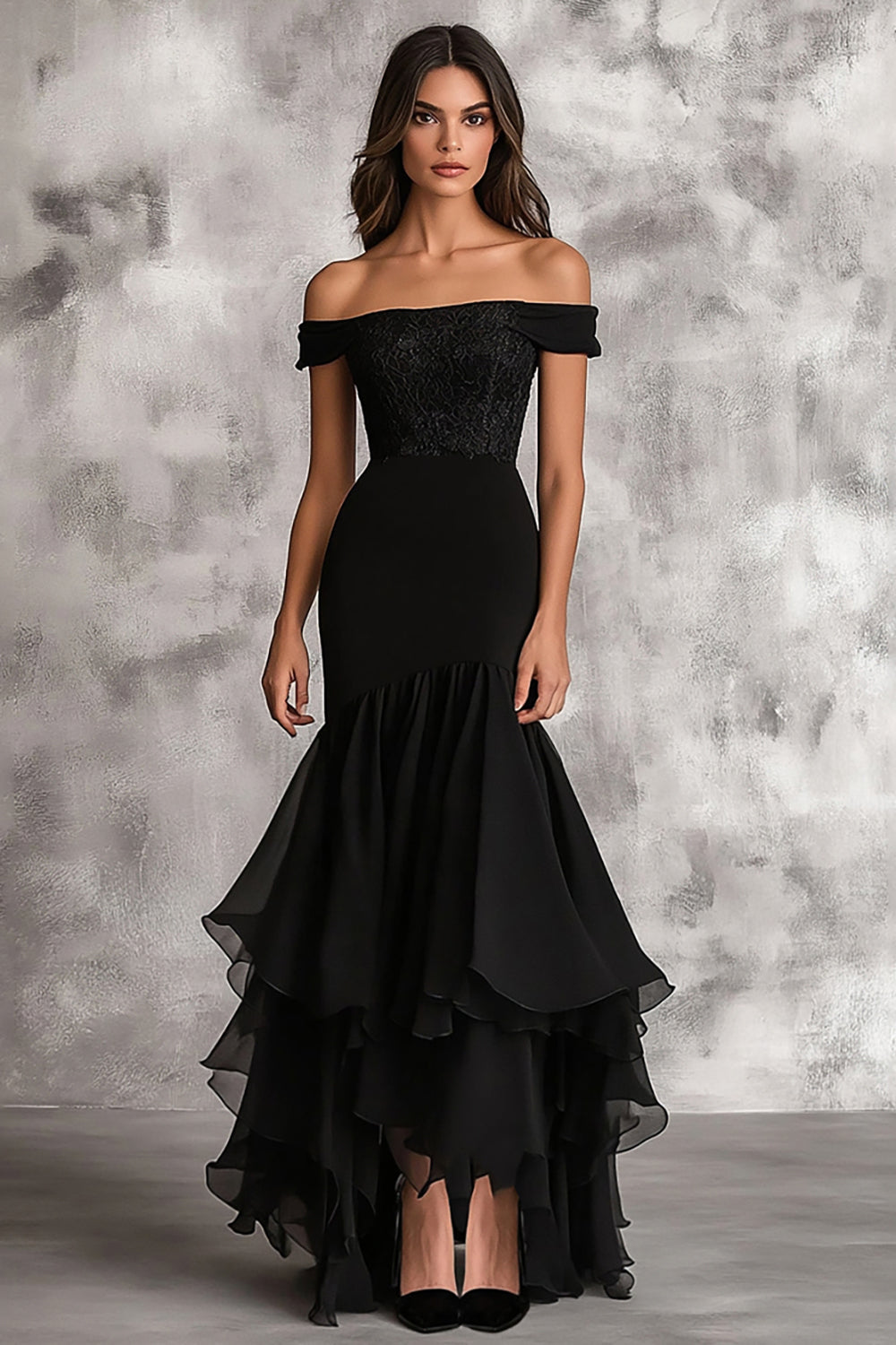 Long Formal Black Mermaid Dress with Chiffon Tiered Applique