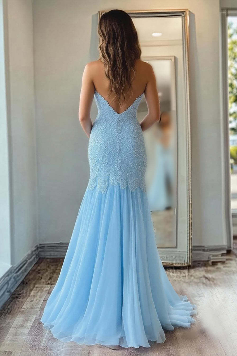 Long Sky Blue Prom Dress in Mermaid Style with Chiffon Lace and Slit