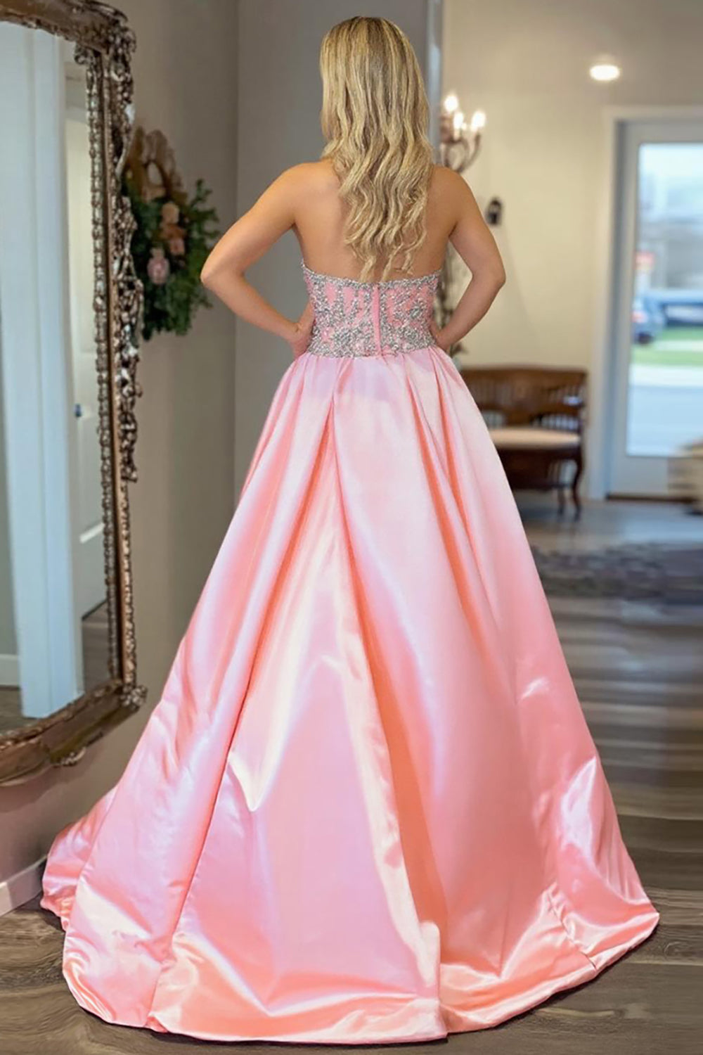 Sweetheart Long Prom Dress in Pink Satin with A-Line Bow Design