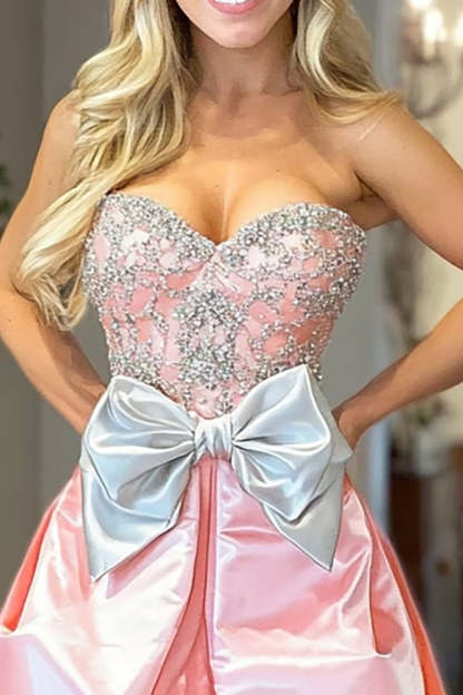 Sweetheart Long Prom Dress in Pink Satin with A-Line Bow Design