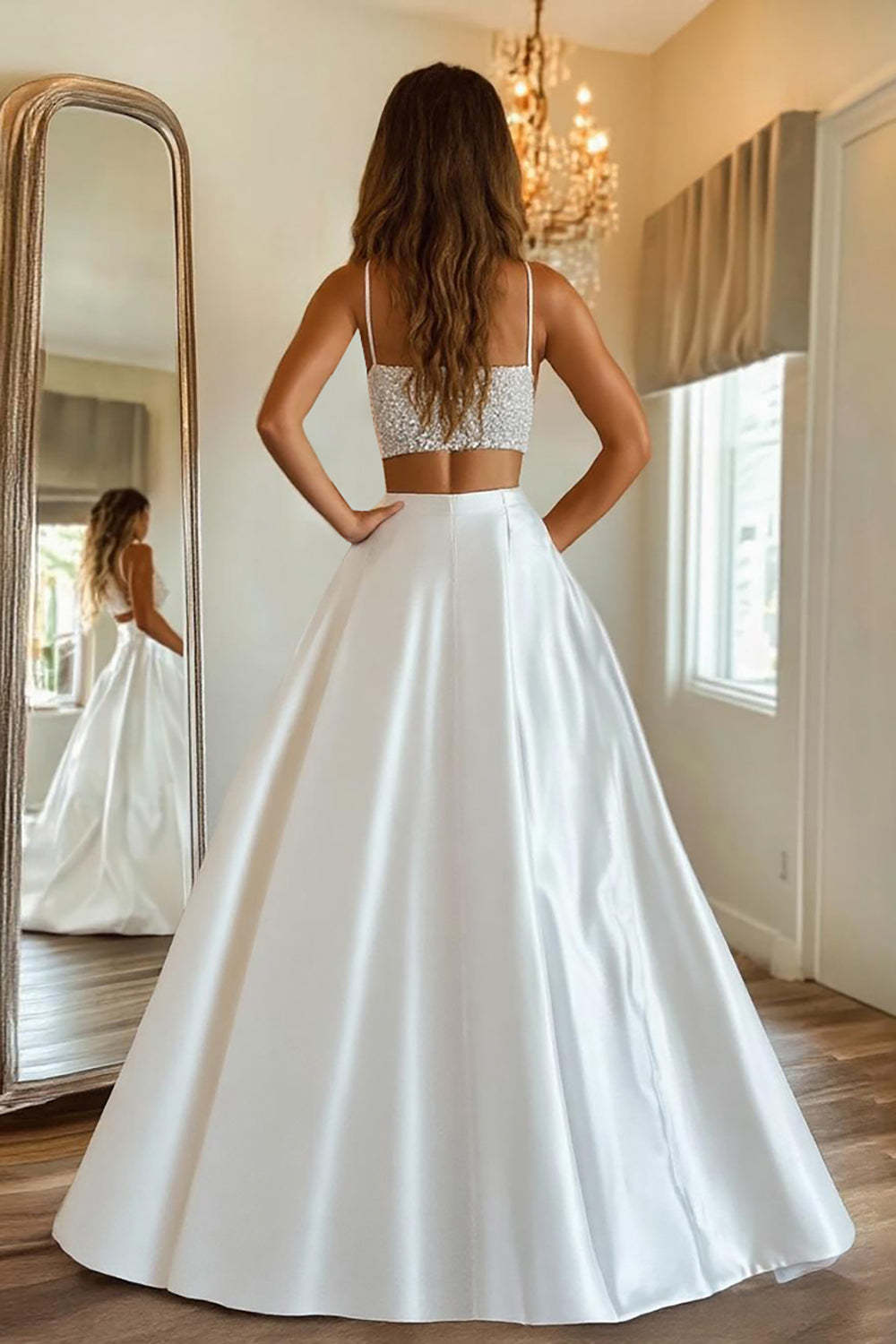 Long Beaded White Satin Prom Dress with Sparkly Two-Piece Design and Slit
