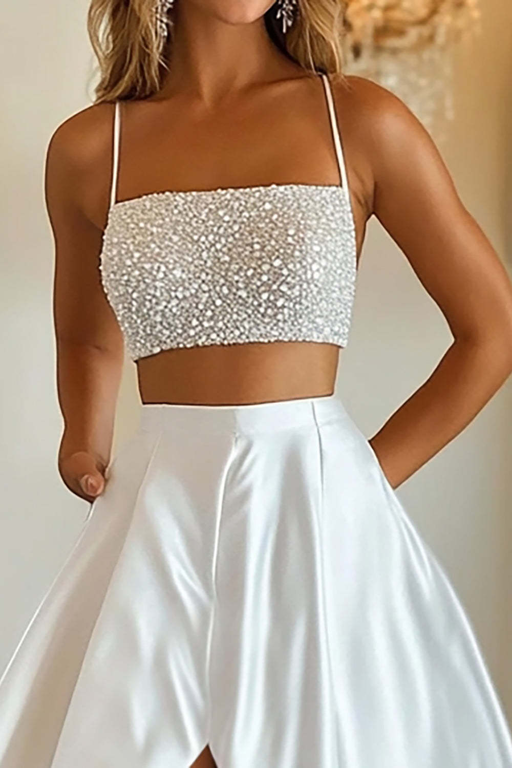 Long Beaded White Satin Prom Dress with Sparkly Two-Piece Design and Slit