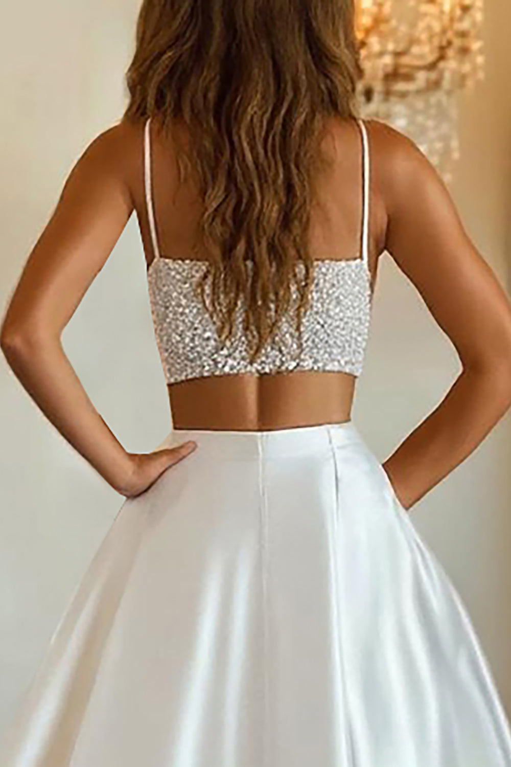 Long Beaded White Satin Prom Dress with Sparkly Two-Piece Design and Slit